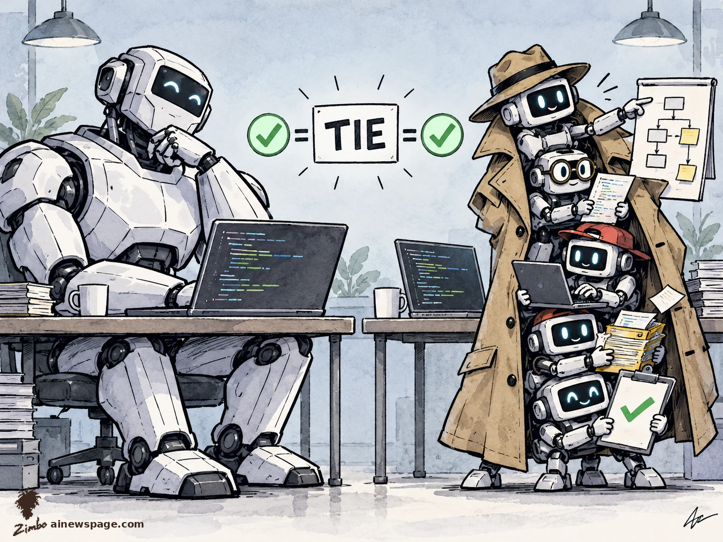 AI cartoon by Zimbo: Satirical cartoon: five small cute robots stacked in one trenchcoat and fedora face one giant coder robot at a laptop, a TIE sign with green checkmarks between them.