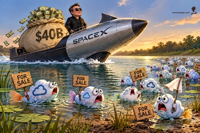 Satirical cartoon: Elon Musk grins in sunglasses aboard a giant SpaceX rocket-boat loaded with a $40B money sack, sailing across a pond while dozens of tiny cute cloud-fish gasp in the shallows holding FOR SALE signs, one waving a white flag.