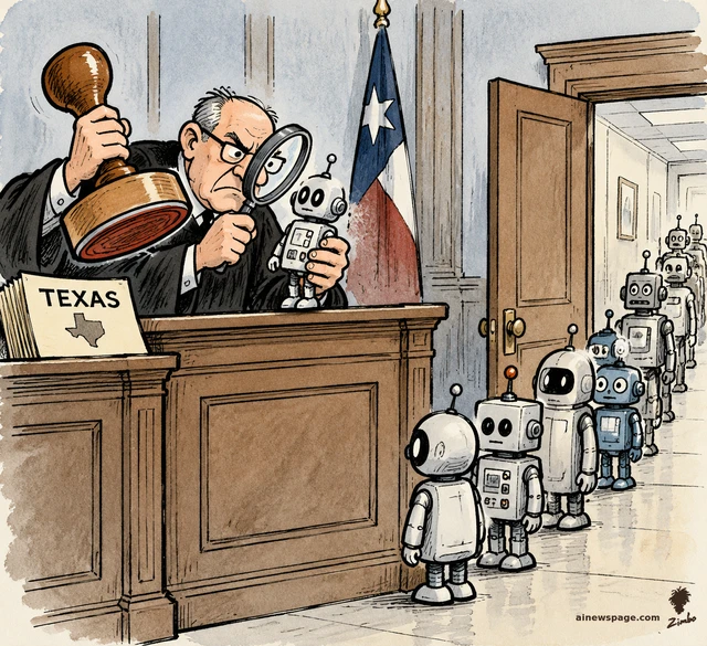 Satirical cartoon: a stern judge with a magnifying glass inspects a tiny robot while gripping a giant rubber stamp, as a queue of robot models waits its turn.