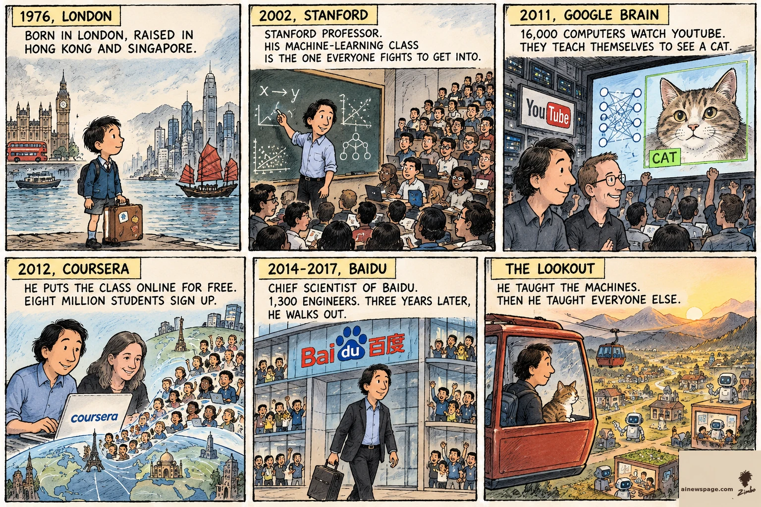 AI cartoon by Zimbo: Andrew Ng strip: 1976 London boy between two harbors; 2002 Stanford lecture hall; 2011 Google Brain, 16,000 computers learn a cat; 2012 Coursera pours around the globe; 2014-17 Baidu, he walks out; lookout: Ng and Issue the cat in a cable car. HE TAUGHT THE MACHINES. THEN HE TAUGHT EVERYONE ELSE.