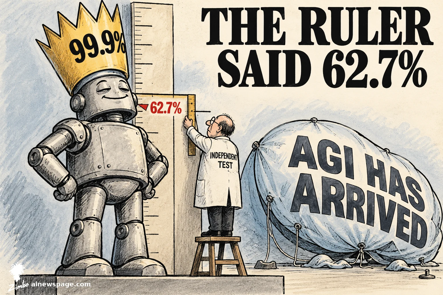 Satirical cartoon: a smug robot wearing a gold 99.9% paper crown stands at a measuring board while a tiny examiner in a coat marked INDEPENDENT TEST holds a ruler to its head at a red 62.7% mark, beside a deflated balloon reading AGI HAS ARRIVED.