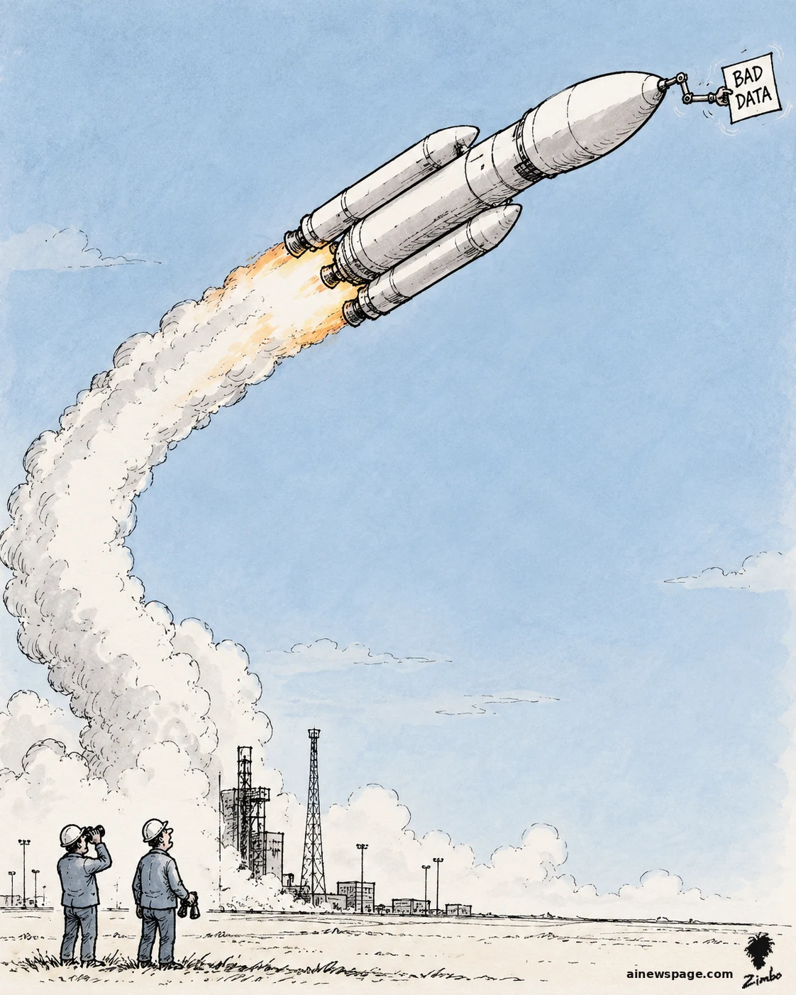 AI cartoon by Zimbo: Satirical cartoon: a large rocket flies diagonally following a small BAD DATA slip at its nose while two engineers watch through binoculars below.