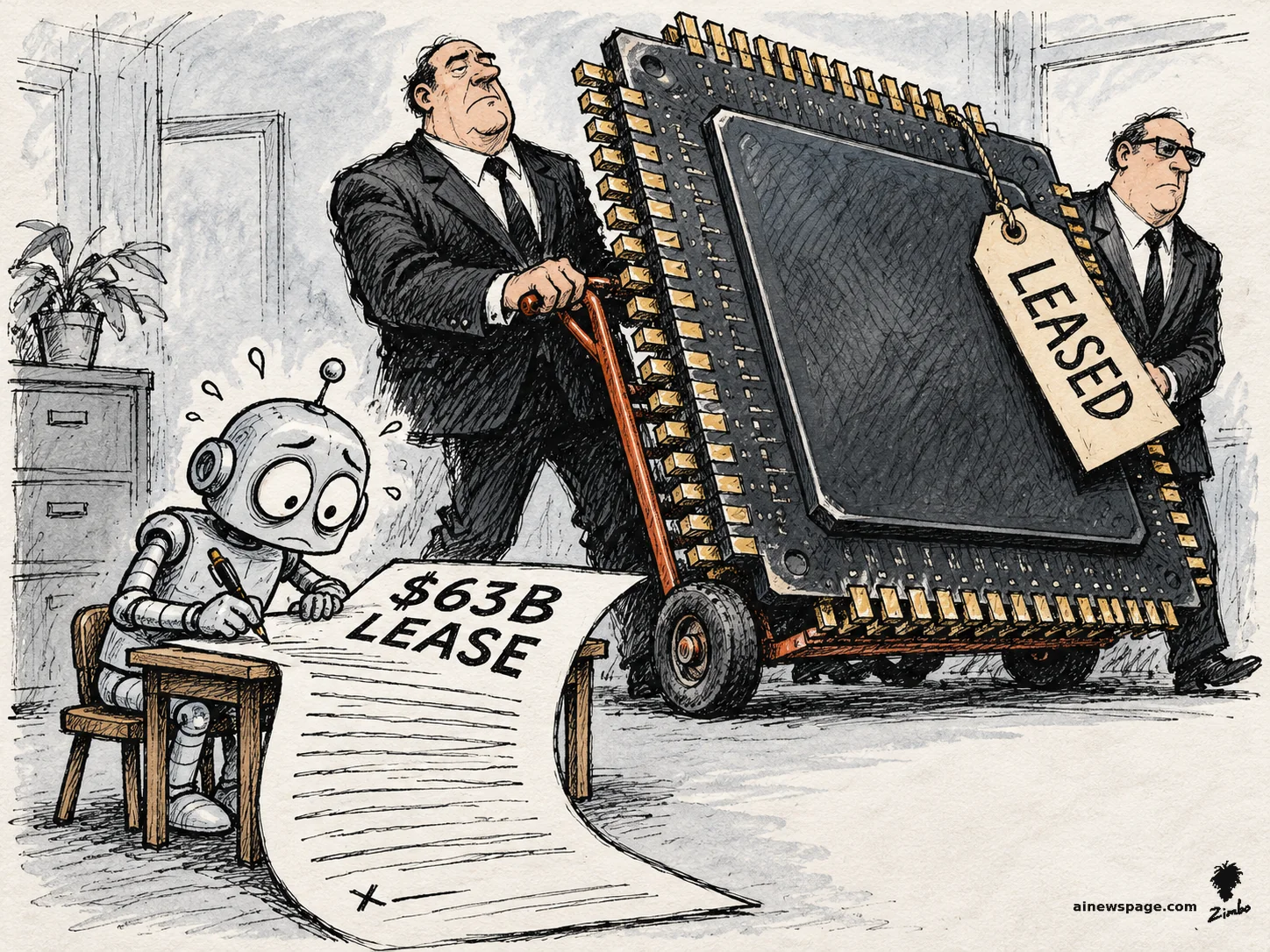AI cartoon by Zimbo: Satirical cartoon: a small worried robot signs an enormous '$63B LEASE' at a tiny desk while two suited bankers wheel in a giant computer chip on a dolly with a LEASED tag.