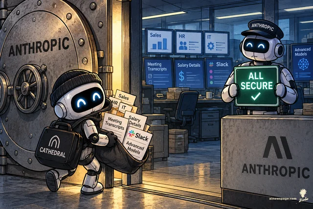 Satirical cartoon: a cute robot burglar in a beanie slips out of a giant ANTHROPIC vault door carrying files labeled Sales, HR, IT, Meeting Transcripts, Salary Details, Slack and Advanced Models, while a robot guard in an ANTHROPIC cap holds an ALL SECURE sign, oblivious.