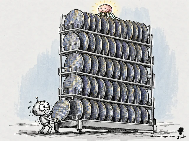Satirical cartoon: a small worried robot loads dinner-plate-sized silicon wafers into a towering rack of dozens of chips while a tiny glowing pink brain sits on top.