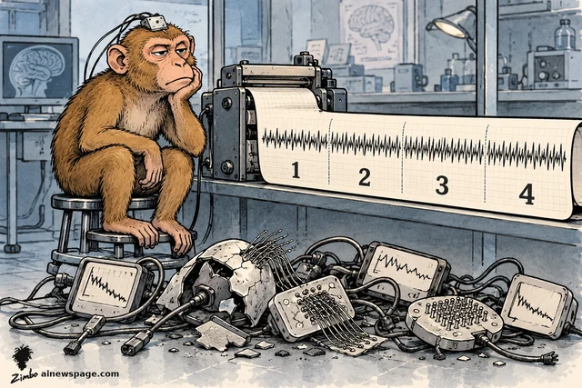 Satirical cartoon: a bored macaque wearing a small head electrode sits on a stool while a chart recorder draws a steady waveform across a strip marked 1, 2, 3, 4, and broken rival devices lie in a heap on the floor.