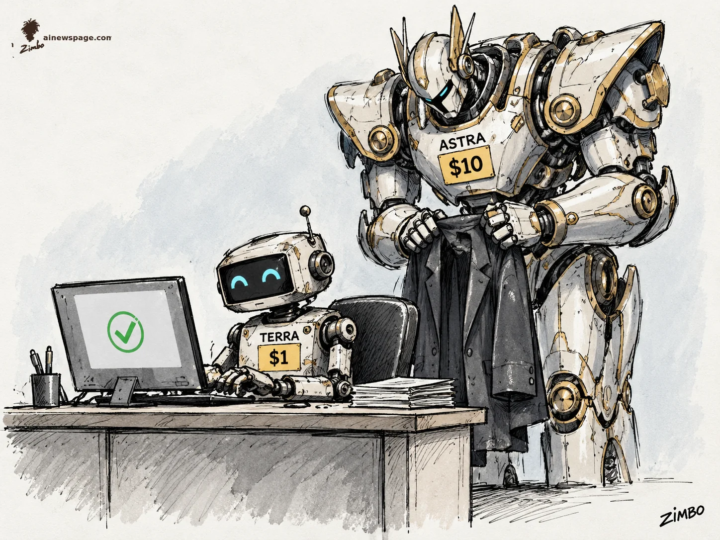 AI cartoon by Zimbo: Satirical cartoon: a tiny cute robot labeled TERRA $1 types at a desk computer showing a green checkmark while a giant armored robot labeled ASTRA $10 stands behind holding its suit jacket.