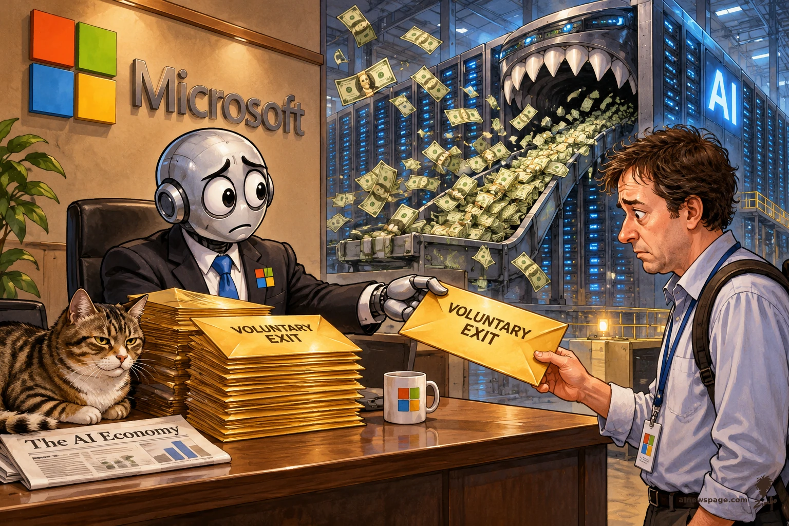 AI cartoon by Zimbo: Satirical cartoon: Merv the worried robot, in a suit at a Microsoft desk, hands a golden envelope labeled VOLUNTARY EXIT to a worried employee with a backpack, while behind him a giant shark-mouthed AI data center gobbles a conveyor belt of dollar bills; a tabby cat watches from the desk.