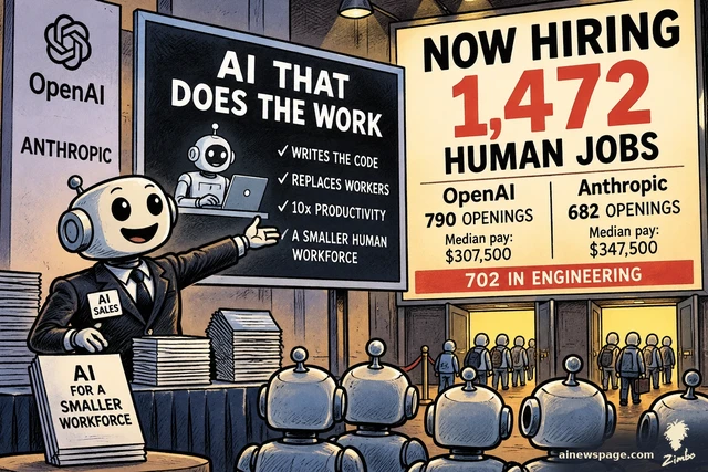 Satirical cartoon: a suited robot salesman pitches AI THAT DOES THE WORK to a robot audience beside a giant NOW HIRING 1,472 HUMAN JOBS sign listing OpenAI 790 openings, Anthropic 682, median pay $307,500 / $347,500, and 702 in engineering, while humans walk through doors below.