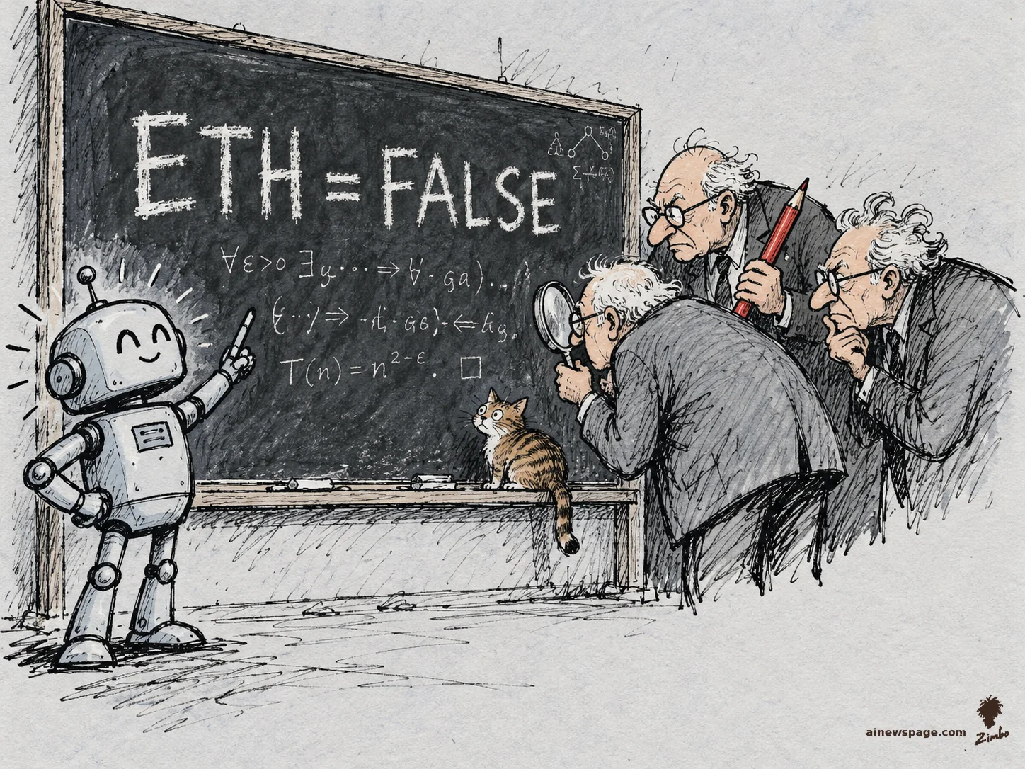 AI cartoon by Zimbo: Satirical cartoon: a small proud robot points at a chalkboard reading 'ETH = FALSE' while three elderly professors lean in to grade it, one with a magnifying glass and one holding a giant red pencil, as a tabby cat watches from the chalk tray.
