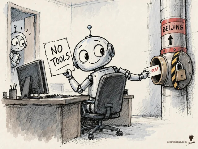 Satirical cartoon: a cute round robot sits at a desk holding a NO TOOLS sign with one hand while slipping a TEST envelope into a padlocked pipe labeled BEIJING with the other, as Merv the worried robot peeks in from the doorway.