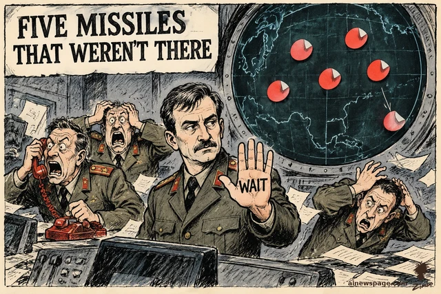 Satirical cartoon: five bright-red radar blips are visibly cheap paper stickers peeling off a large circular screen while a calm officer holds up a palm marked WAIT as officers panic around him.