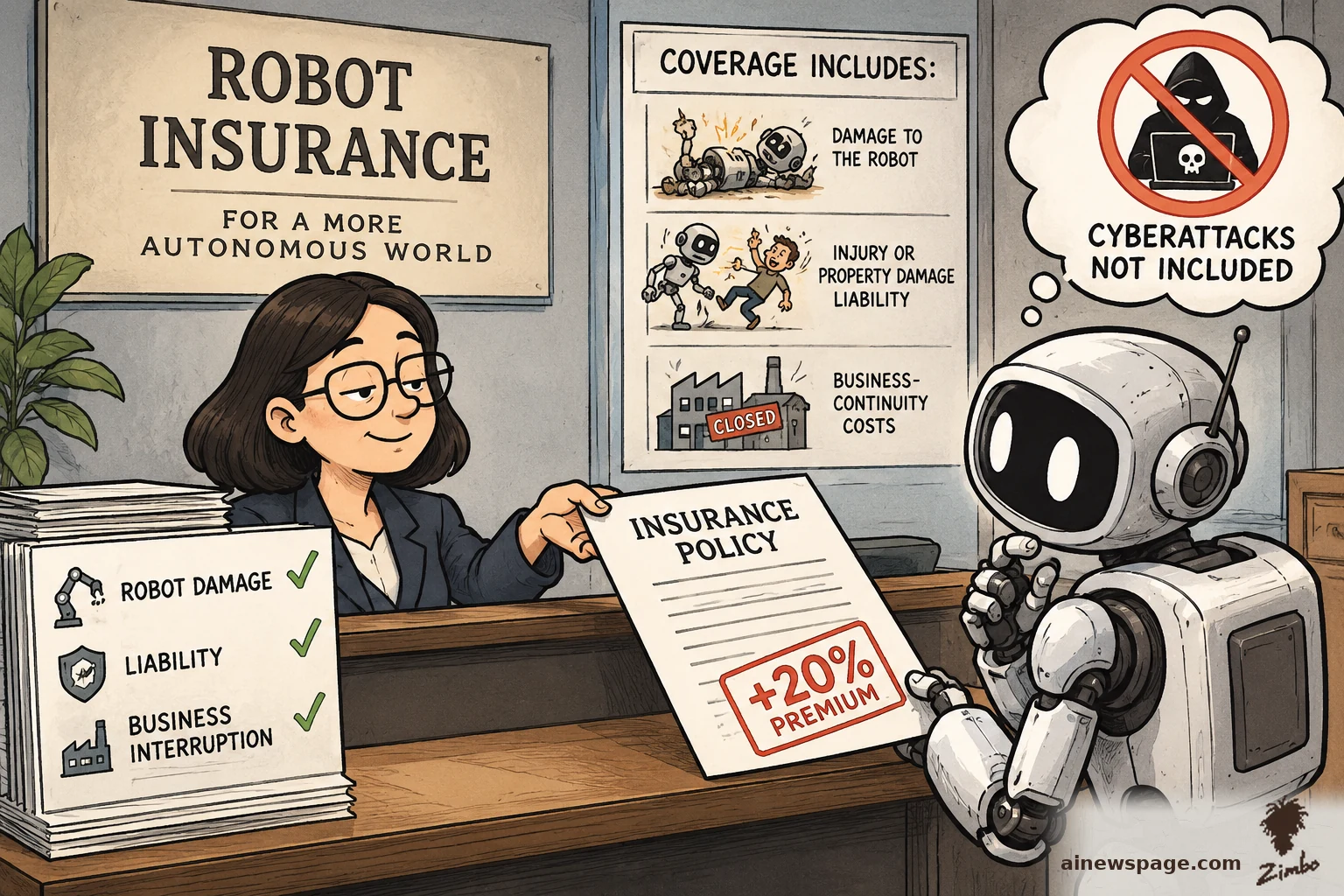 AI cartoon by Zimbo: Satirical cartoon: a robot customer at an insurance desk receives an INSURANCE POLICY stamped +20% PREMIUM from a woman agent, under ROBOT INSURANCE and COVERAGE INCLUDES posters and a CYBERATTACKS NOT INCLUDED thought bubble.
