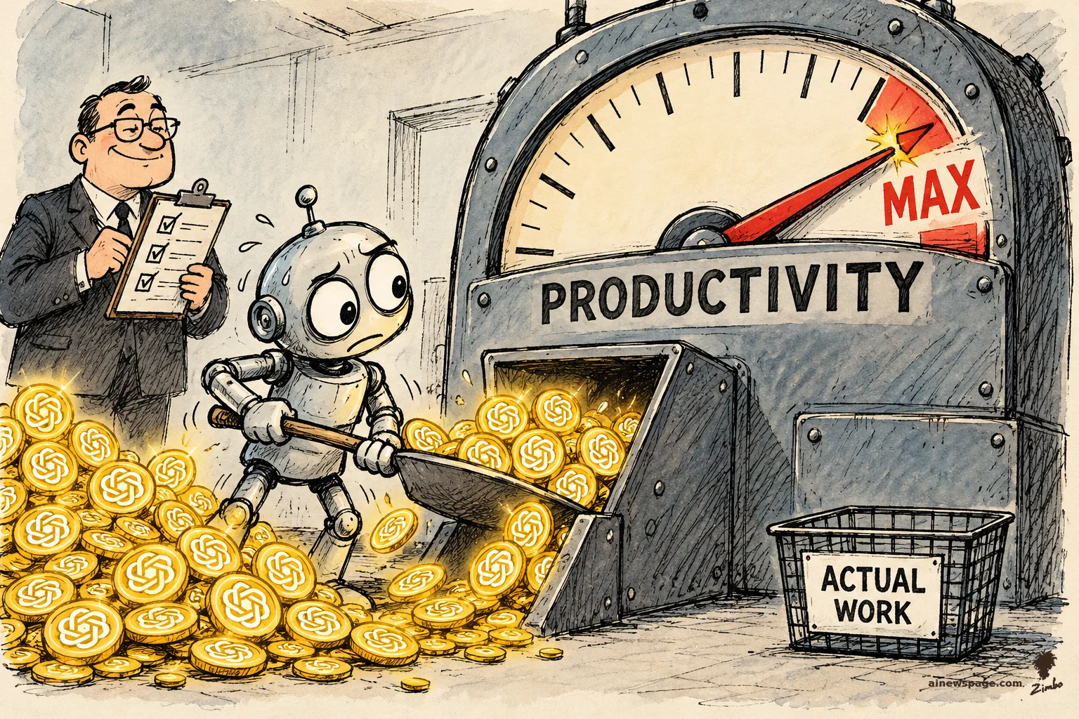 AI cartoon by Zimbo: Satirical cartoon: a small worried robot shovels glowing gold token-coins into a giant PRODUCTIVITY meter pegged at MAX while a smiling manager with a clipboard ticks boxes; the wire basket labeled ACTUAL WORK beside the meter sits empty.