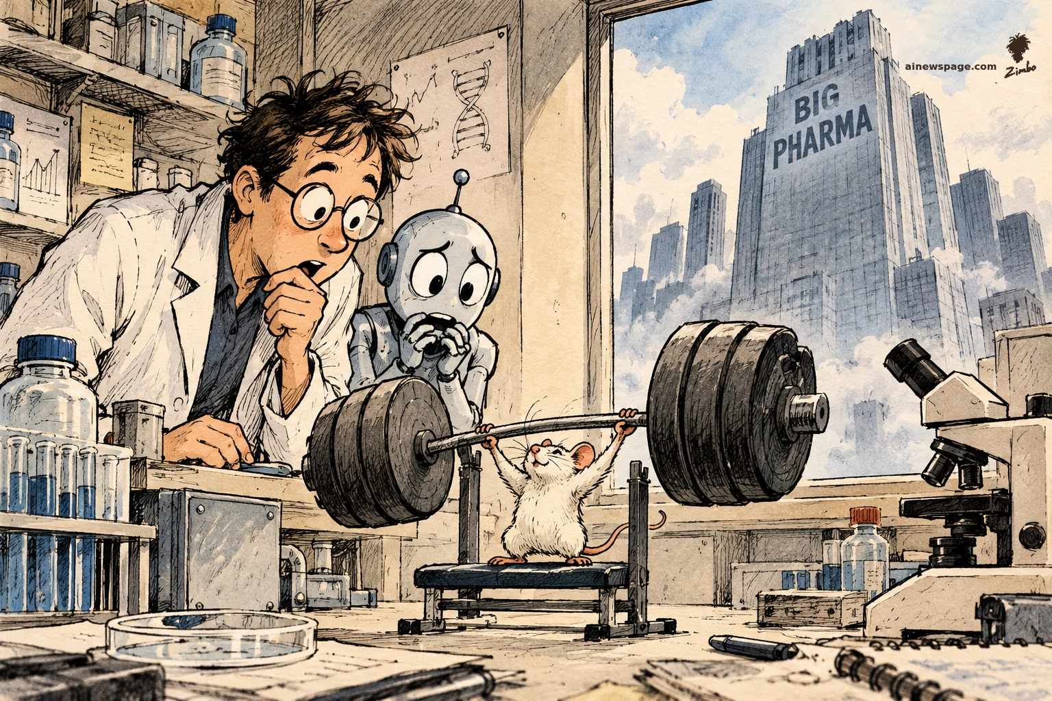 AI cartoon by Zimbo: Satirical cartoon: a lone scruffy scientist and a worried robot watch a tiny white mouse bench-press a huge barbell in a shabby lab, while a tower labeled BIG PHARMA looms through the window.