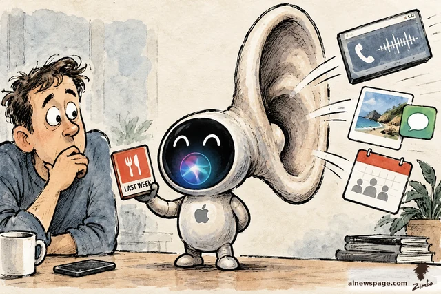 Satirical cartoon: a cheerful little Siri robot with an absurdly enormous ear proudly holds out a restaurant matchbook marked LAST WEEK while a voicemail, a Messages photo, and a calendar invite float into the ear; a worried man watches from his desk.