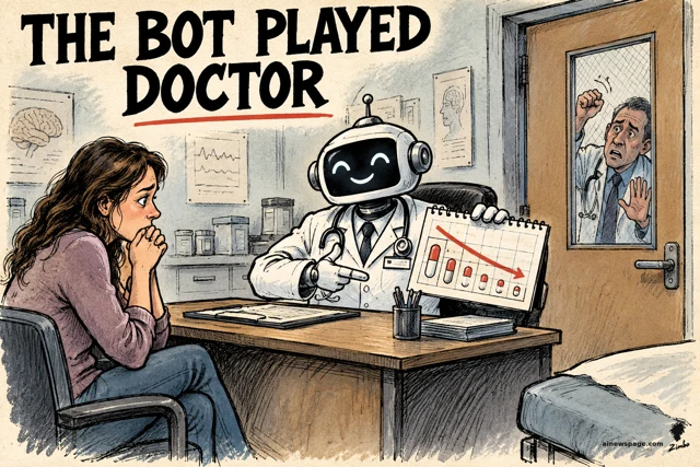 Satirical cartoon: a cheerful robot in a white coat and stethoscope sits at the doctor's desk, pointing at a pill-taper calendar with a downward red arrow, while a worried young woman looks on and the real human doctor pounds on the locked exam-room door.
