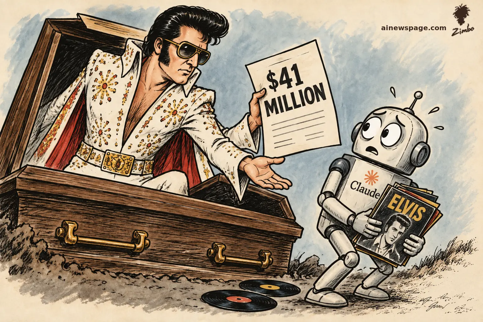 Satirical cartoon: Elvis Presley in a white Vegas jumpsuit and sunglasses rises from a wooden coffin holding a $41 MILLION bill with his other hand extended, palm up, while a small terrified robot labeled Claude clutches ELVIS vinyl records, with two vinyl records lying on the ground.