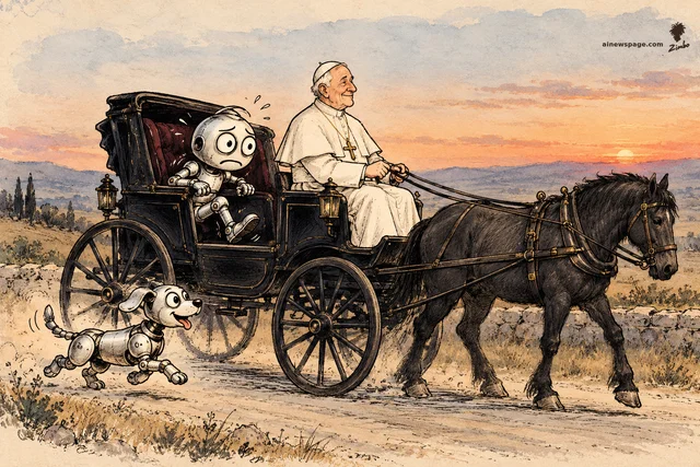Zimbo cartoon: Merv, an anxious pale-metal robot with huge worried eyes, rides in an old black horse-drawn carriage driven by the Pope, an elderly figure in a white cassock and zucchetto, calm and unhurried; Buddy, a small pale-metal robot dog with oversized ears, runs alongside at sunset.
