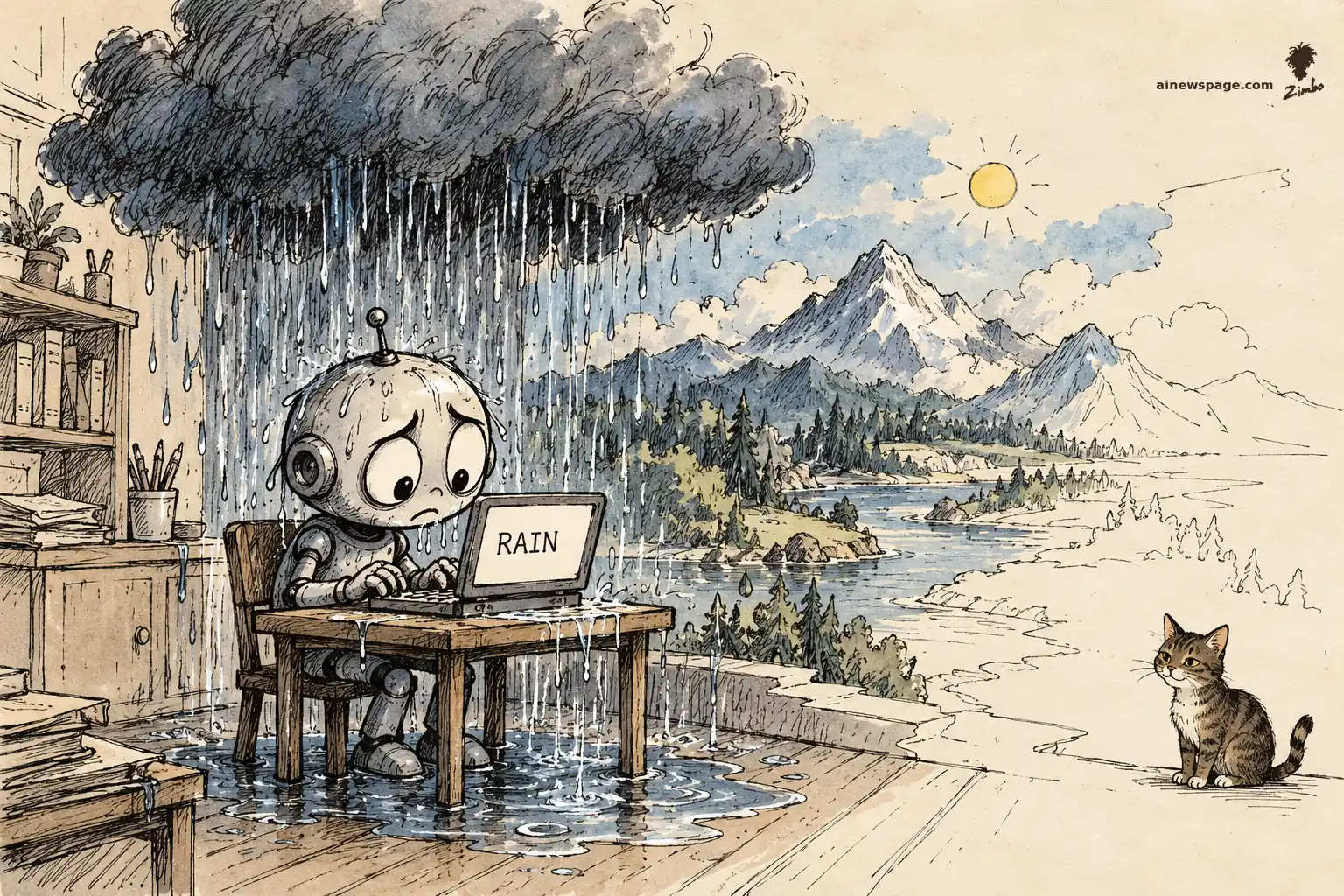 AI cartoon by Zimbo: Satirical cartoon: a small worried robot types RAIN on a laptop at his desk while a huge storm cloud rains on him indoors, and a mountain world with a lake and a sun assembles itself behind him; a small tabby cat watches dry from the corner.