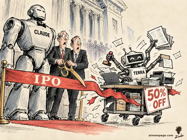 Satirical cartoon: a giant robot labeled CLAUDE and two startled executives with giant scissors stand at a red IPO ribbon, while a small cheerful robot labeled TERRA bursts through on a wheeled desk-cart with a laptop, papers, and a 50% OFF sign.