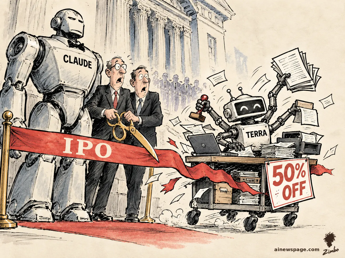 AI cartoon by Zimbo: Satirical cartoon: a giant robot labeled CLAUDE and two startled executives with giant scissors stand at a red IPO ribbon, while a small cheerful robot labeled TERRA bursts through on a wheeled desk-cart with a laptop, papers, and a 50% OFF sign.