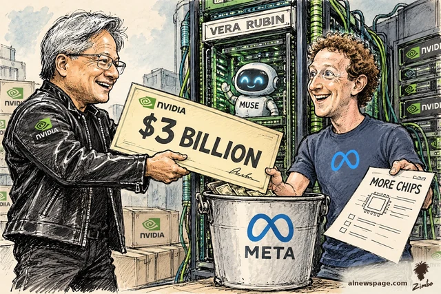 Satirical cartoon: Jensen Huang in his leather jacket hands Mark Zuckerberg a giant NVIDIA $3 BILLION check over a META fundraising bucket, while a little Muse robot waves from a Vera Rubin chip rack behind them and Zuckerberg holds out a MORE CHIPS order form.