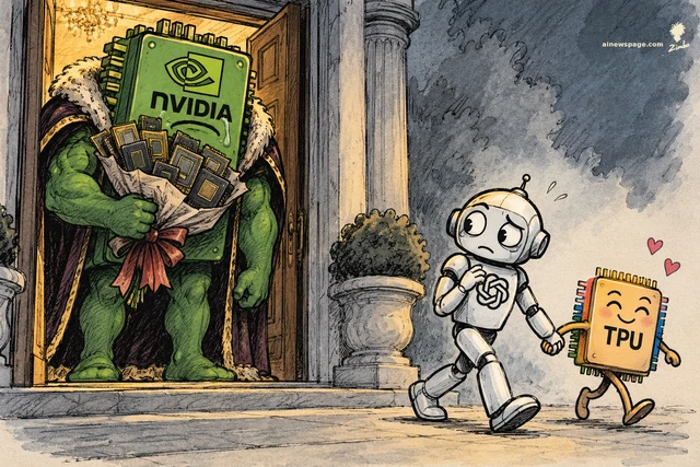 Satirical cartoon: a giant green NVIDIA chip-baron in a fur-trimmed robe clutches a bouquet of chips and weeps in a doorway, while a small worried robot with the OpenAI knot on its chest sneaks off hand-in-hand with a smiling golden TPU chip.