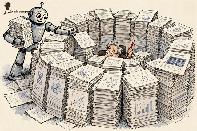Satirical cartoon: a cheerful robot assistant dumps towering stacks of scientific manuscripts into a fortress around a tiny overwhelmed human peer reviewer, who clutches a red pencil amid the paper.