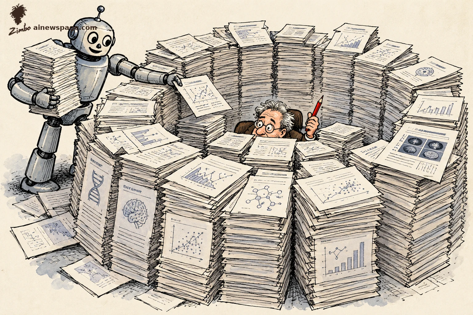 AI cartoon by Zimbo: Satirical cartoon: a cheerful robot assistant dumps towering stacks of scientific manuscripts into a fortress around a tiny overwhelmed human peer reviewer, who clutches a red pencil amid the paper.