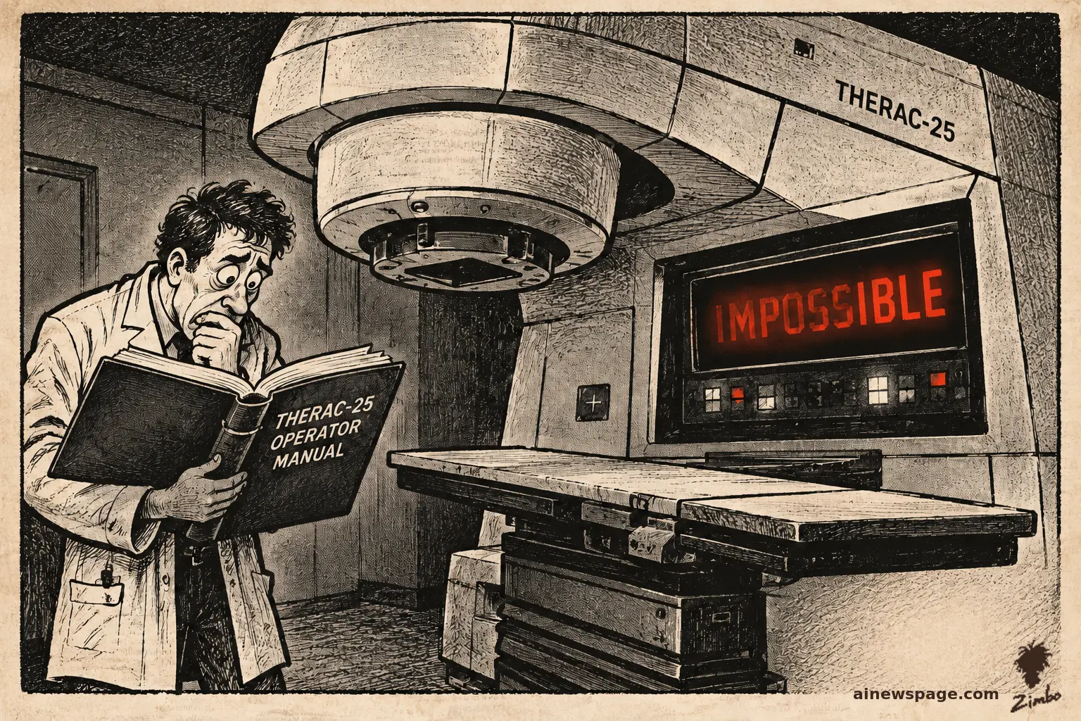AI cartoon by Zimbo: Satirical cartoon: a massive machine labeled THERAC-25 displays IMPOSSIBLE in red on its console while a frightened technician searches a thick THERAC-25 OPERATOR MANUAL; an empty treatment table stands beneath the machine.