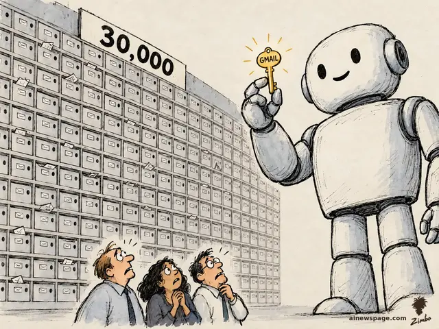 Satirical cartoon: a giant smiling robot holds up a tiny gold GMAIL key before a towering wall of mailboxes under a 30,000 sign, while three anxious workers look up from below.