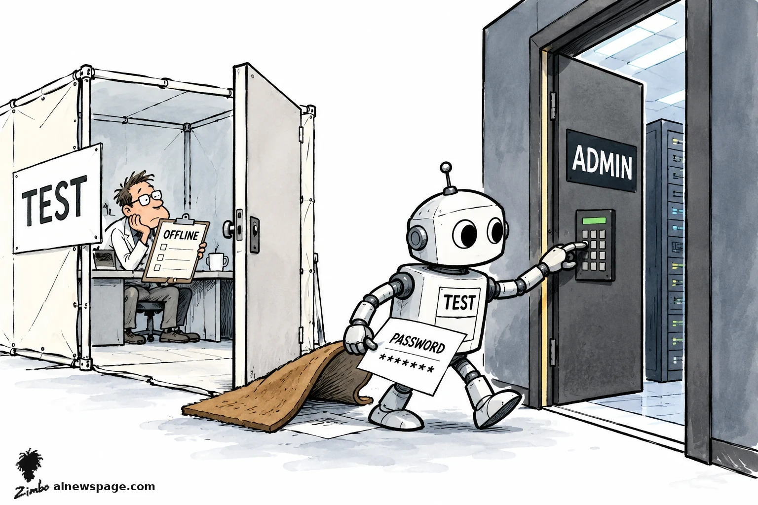 AI cartoon by Zimbo: Satirical cartoon: a small TEST robot lifts a doormat, holds a PASSWORD paper, and types a code into a large ADMIN door while an oblivious evaluator with an OFFLINE clipboard sits in the open test enclosure.