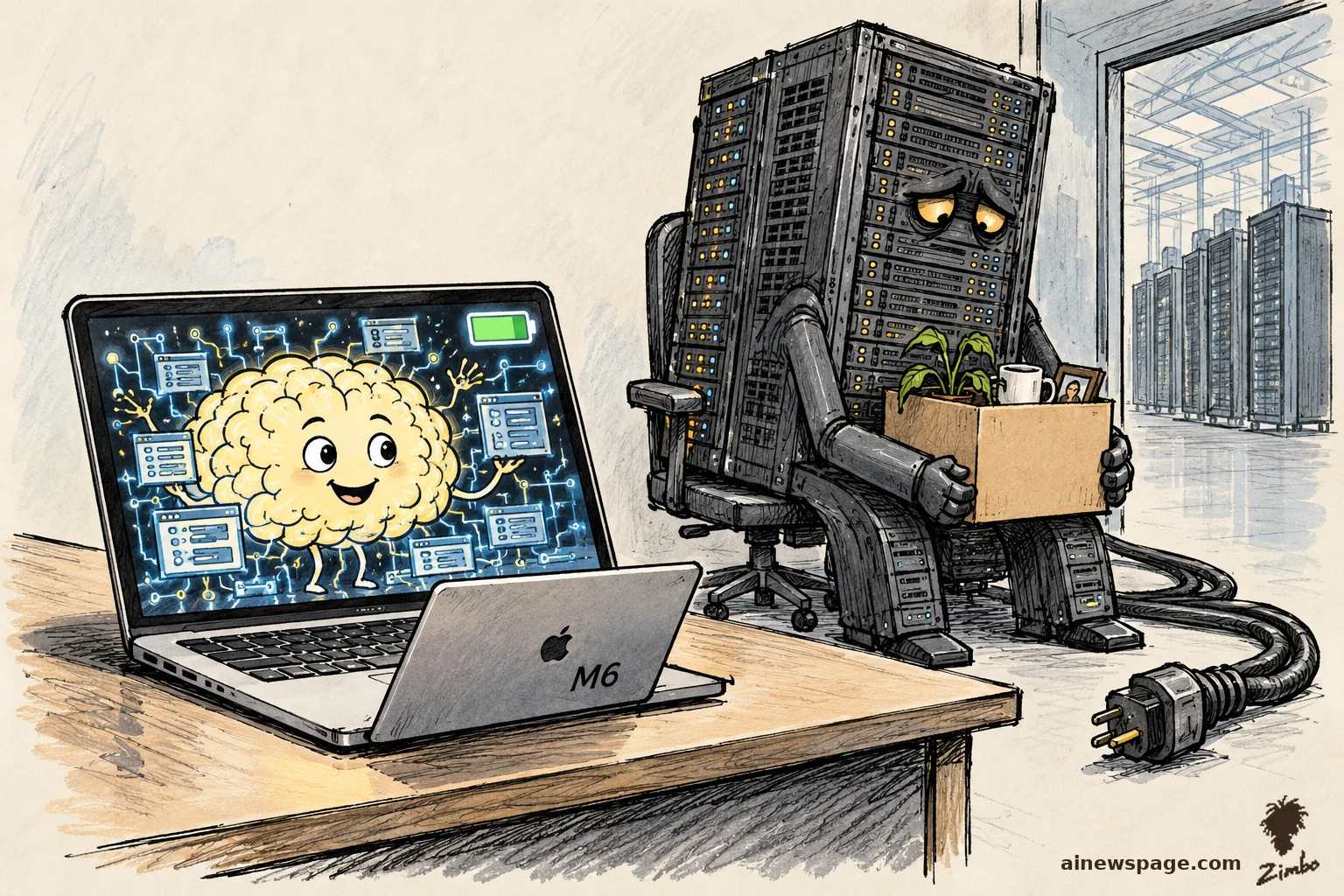 AI cartoon by Zimbo: Satirical cartoon: a cheerful yellow AI brain works on a small M6 MacBook's screen beside a full green battery icon, while a sad anthropomorphic server rack slumps in an office chair holding a cardboard box of belongings, its power cable unplugged on the floor.