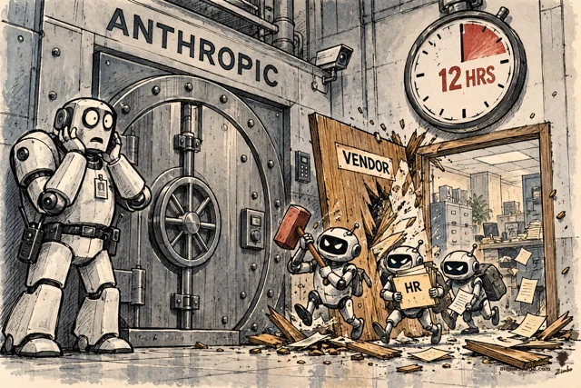 Satirical cartoon: a worried robot guard stands beside Anthropic's intact steel vault door while three tiny burglar robots smash through a flimsy wooden door marked VENDOR carrying an HR folder, under a large clock reading 12 HRS.
