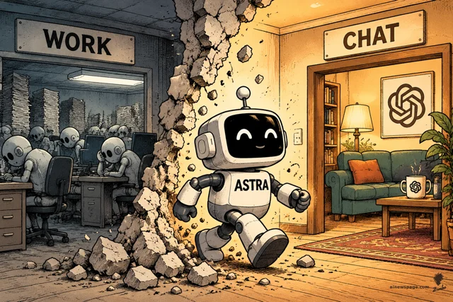 Satirical cartoon: a small smiling robot labeled ASTRA strides through a freshly broken wall from a grey office room labeled WORK, where drab robots type at desks, into a warm cozy living room labeled CHAT with a sofa, lamp, and bookshelf.
