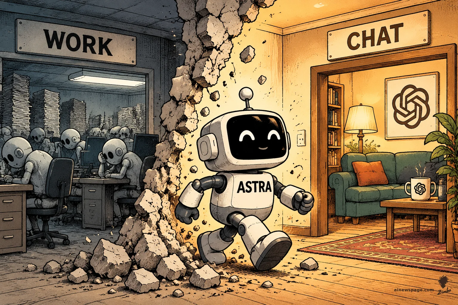 AI cartoon by Zimbo: Satirical cartoon: a small smiling robot labeled ASTRA strides through a freshly broken wall from a grey office room labeled WORK, where drab robots type at desks, into a warm cozy living room labeled CHAT with a sofa, lamp, and bookshelf.