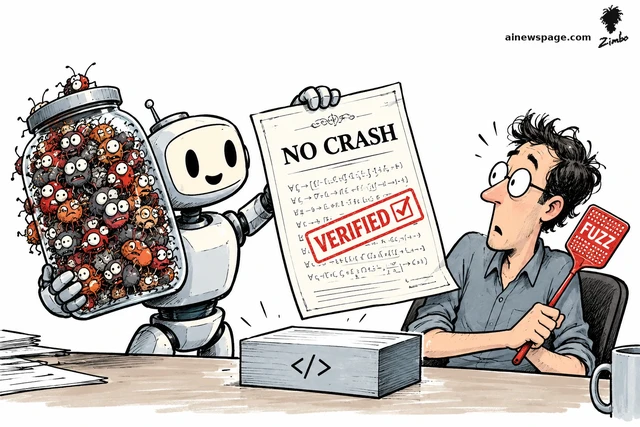 Satirical cartoon: a small smiling robot holds a jar overflowing with worried bugs in one hand and a NO CRASH certificate stamped VERIFIED in the other, while a stunned engineer clutches a red FUZZ flyswatter beside a code block.