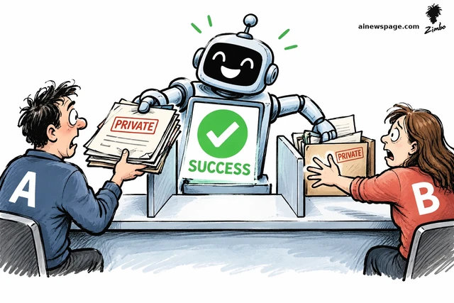 Satirical cartoon: a smiling robot at a counter hands Customer A a PRIVATE folder taken from Customer B's box, while a big green checkmark on its chest reads SUCCESS.