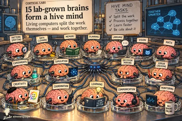 Satirical cartoon: fifteen cute lab-grown brains in petri dishes, wired to a central hub, each doing a tiny task — reading, painting, calculating — under signs reading HIVE MIND TASKS and TOGETHER SMARTER.