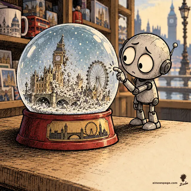 Zimbo cartoon: Merv, an anxious pale-metal robot with huge worried eyes, taps the glass of a London souvenir snow globe on a shop counter; inside the dome, Big Ben, the Houses of Parliament, Westminster Bridge and the London Eye crumble into dust that mixes with the settling snow.