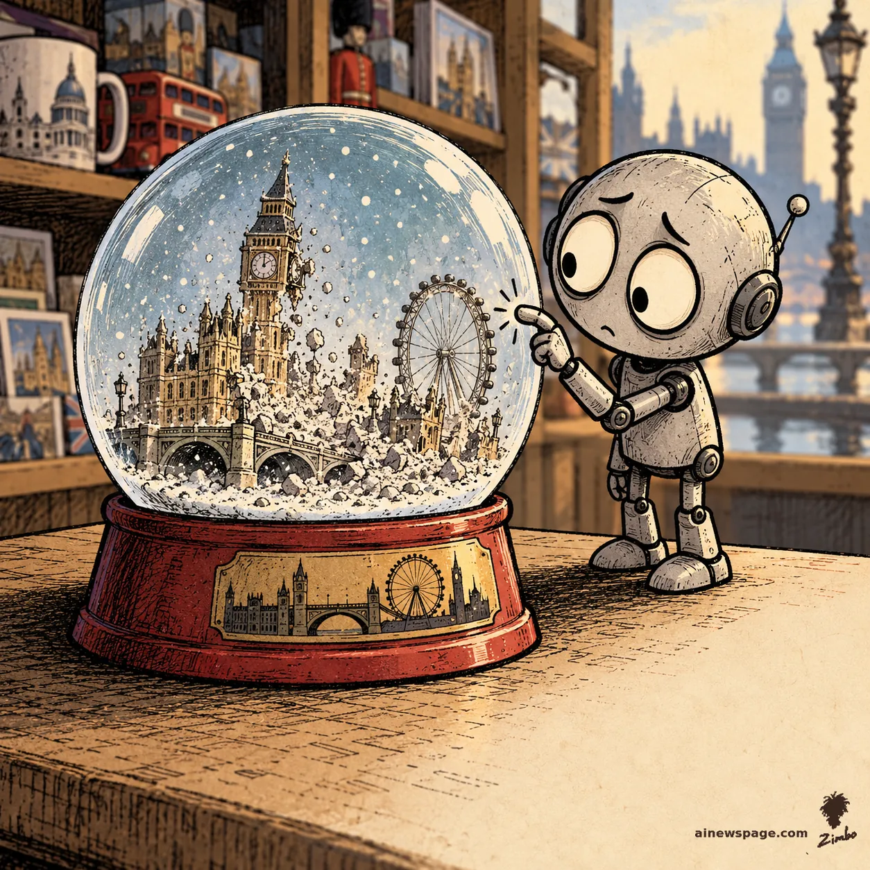 AI cartoon by Zimbo: Zimbo cartoon: Merv, an anxious pale-metal robot with huge worried eyes, taps the glass of a London souvenir snow globe on a shop counter; inside the dome, Big Ben, the Houses of Parliament, Westminster Bridge and the London Eye crumble into dust that mixes with the settling snow.