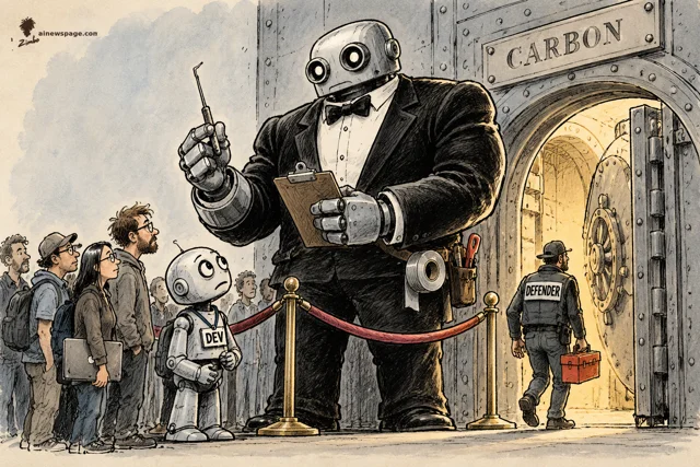 Satirical cartoon: a giant robot bouncer in a tuxedo holding a clipboard and a lock-pick guards a vault door labeled CARBON, while a small robot labeled DEV and a queue of hopeful people wait behind a velvet rope and a man labeled DEFENDER walks inside.