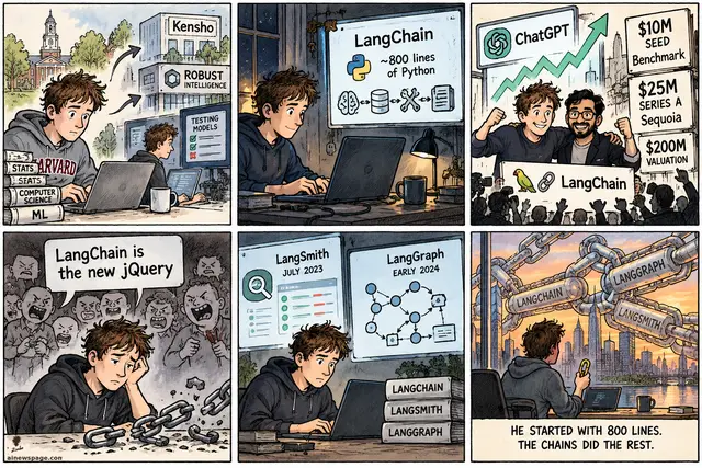 Harrison Chase strip: ex-Robust Intelligence; Oct 2022 first LangChain commit, ~800 lines of Python; ChatGPT boom, $10M Benchmark seed, $25M Sequoia Series A; the 'new jQuery' backlash; LangSmith, LangGraph; finale, Chase holds one link as LANGCHAIN, LANGGRAPH, LANGSMITH chains cross the skyline.