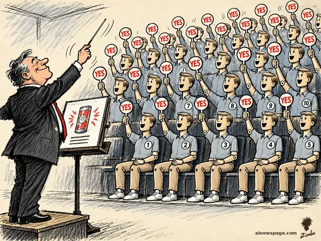 Satirical cartoon: a smiling marketer conducts a tiered choir of identical numbered mannequin customers, every one holding up a red YES paddle in unison, while an advertisement sits on the conductor's stand.