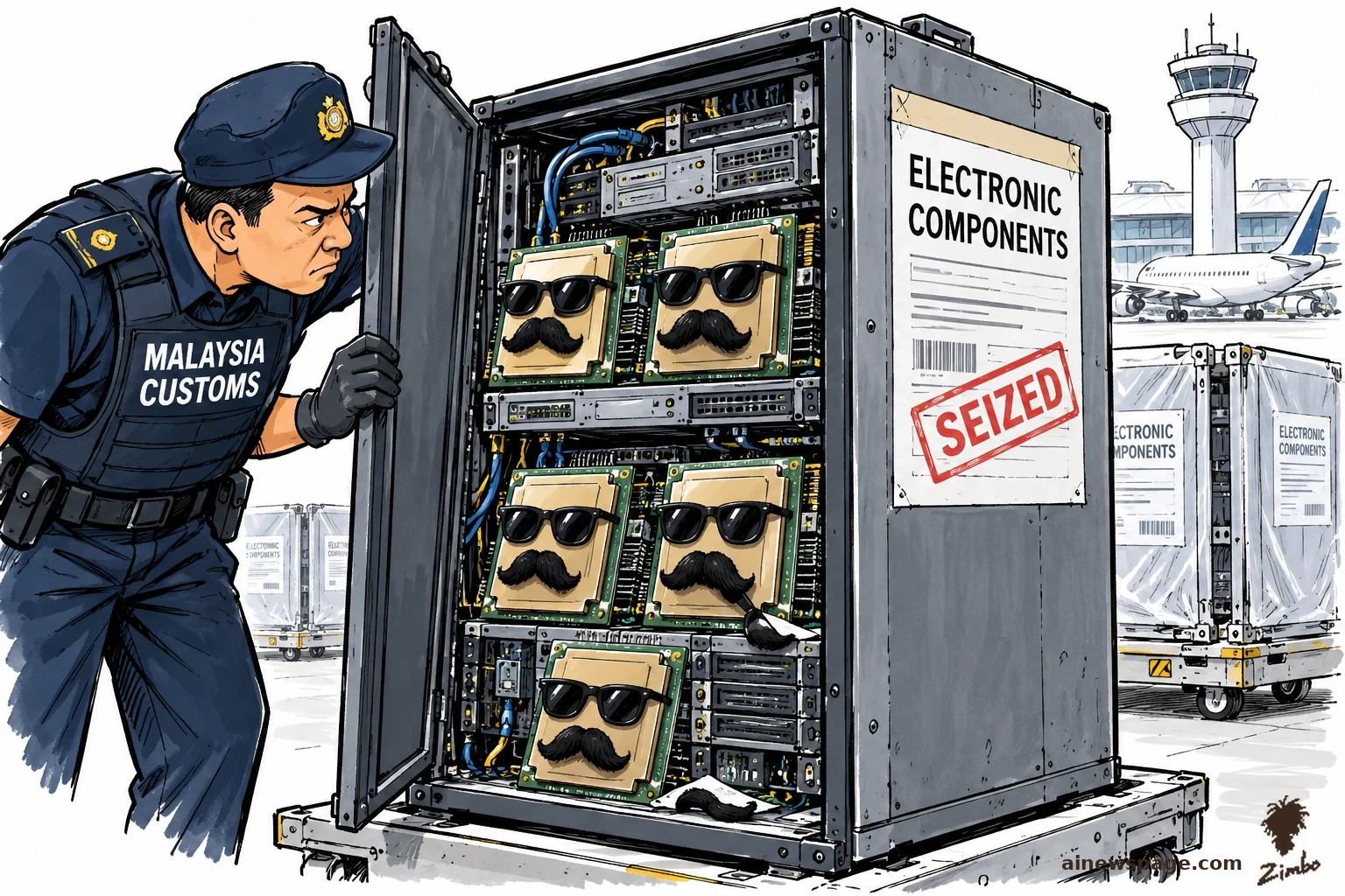 AI cartoon by Zimbo: Satirical cartoon: a Malaysia Customs officer opens a server cabinet to reveal AI chips wearing sunglasses and fake mustaches, one mustache fallen off, under an ELECTRONIC COMPONENTS declaration stamped SEIZED, with an airport tower and plane behind.