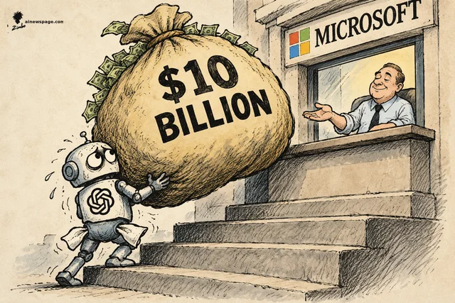 Satirical cartoon: a small worried robot with an OpenAI logo on its chest and empty inside-out pockets heaves a gigantic money sack marked $10 BILLION up stone steps toward a calm clerk at a window marked MICROSOFT, who holds out a hand.