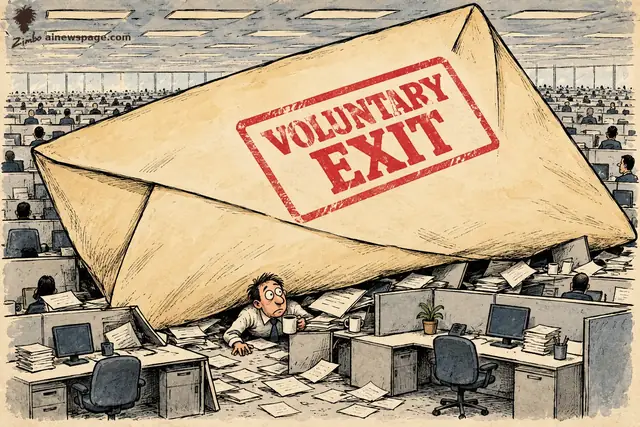 Satirical cartoon: a giant manila envelope stamped VOLUNTARY EXIT in red crashes over endless rows of office cubicles, burying the desks, while one wide-eyed worker clutches a coffee mug underneath it.