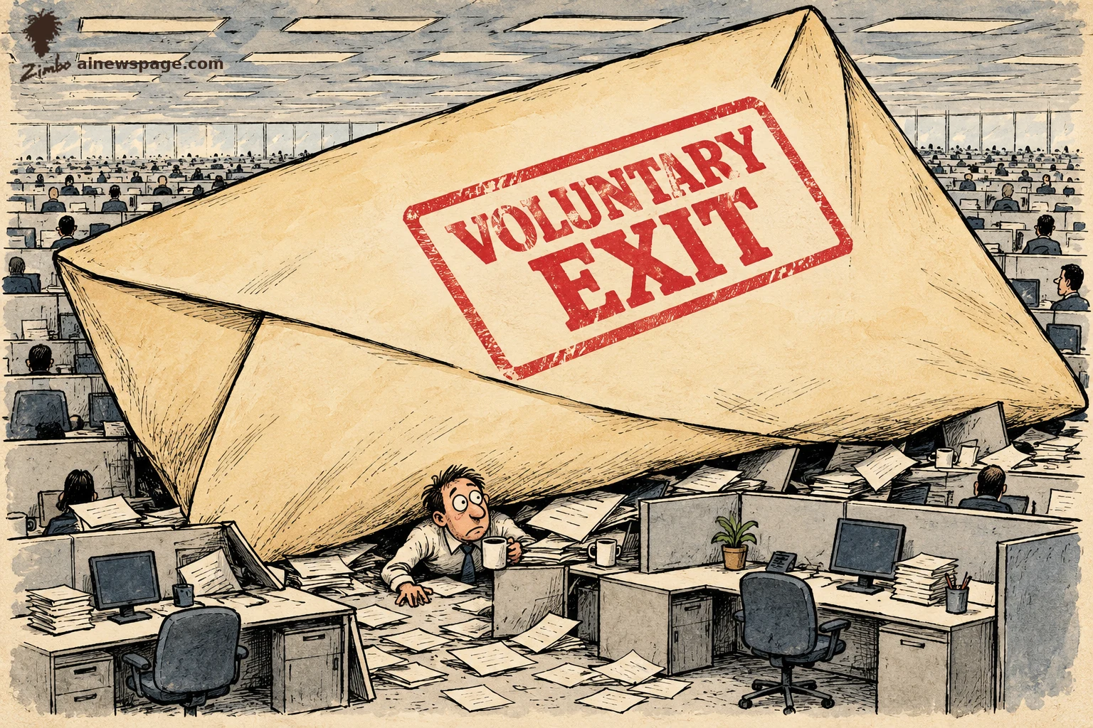 AI cartoon by Zimbo: Satirical cartoon: a giant manila envelope stamped VOLUNTARY EXIT in red crashes over endless rows of office cubicles, burying the desks, while one wide-eyed worker clutches a coffee mug underneath it.