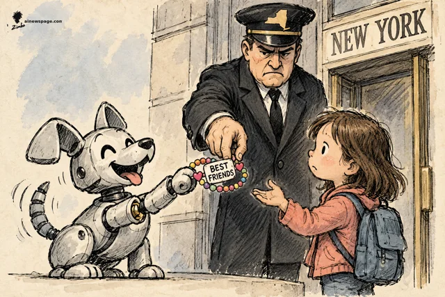 Satirical cartoon: a cheerful robot dog offers a colorful BEST FRIENDS bracelet to a child with a backpack, while a stern uniformed official at a doorway marked NEW YORK reaches in to confiscate the bracelet.